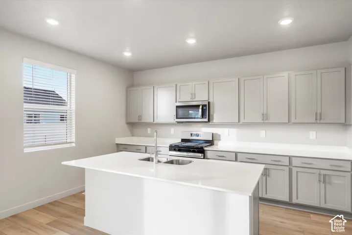 Kitchen featuring gray shaker-style cabinetry, a quartz countertop island with an integrated dual-basin sink, recessed lighting, and wood-finish flooring