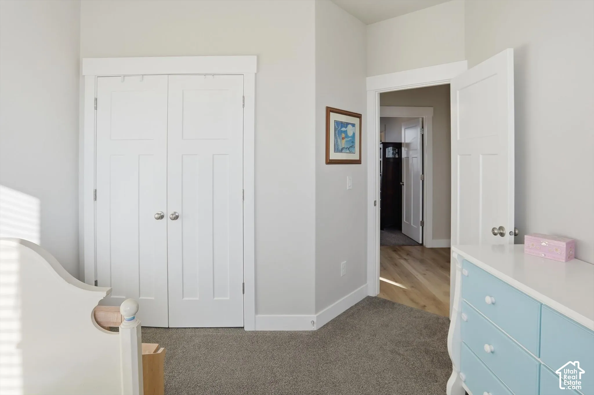 Interior room featuring neutral wall paint, carpeted flooring, two-panel interior doors, and wood-finish flooring extending into the hallway