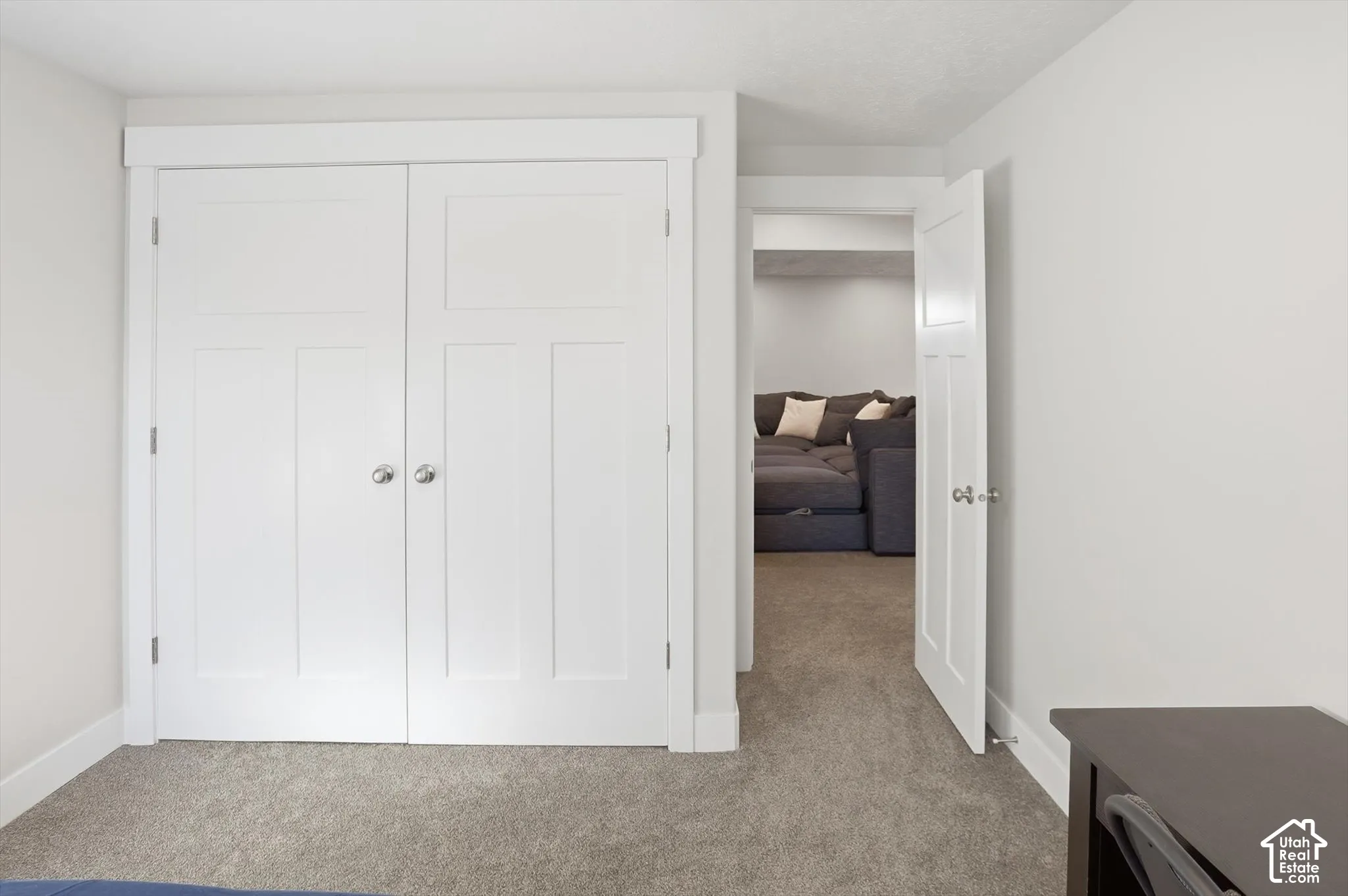 White double-door closet featuring shaker-style panels, complemented by neutral carpeting and crisp white interior trim