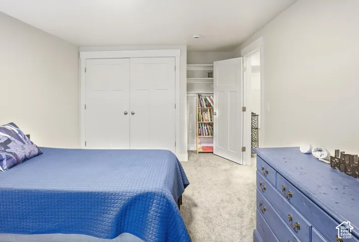 Room featuring neutral-toned carpeting, two-panel interior doors, and built-in recessed shelving