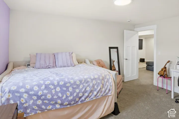 Neutral wall tones, carpeting, and a three-panel interior door with brushed metal hardware