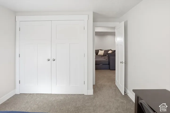 White double-door closet featuring shaker-style panels, complemented by neutral carpeting and crisp white interior trim