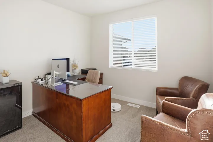 Neutral-toned interior room featuring carpeted flooring and a dual-pane sliding window with horizontal blinds