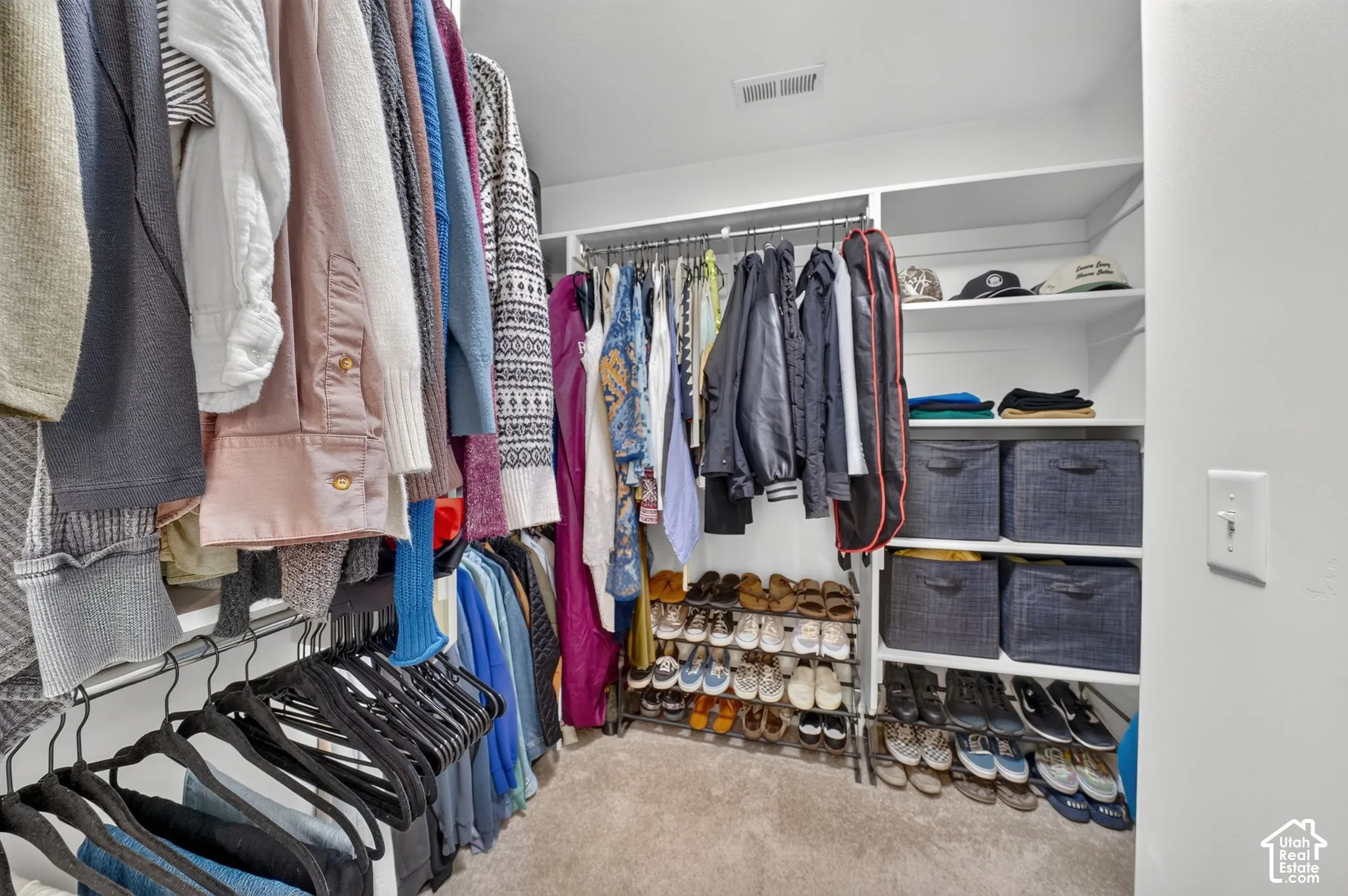 Walk-in closet featuring multi-level hanging rods, built-in shelving, and carpeted flooring