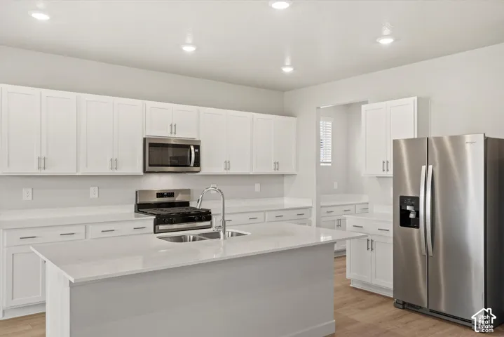 Kitchen featuring white cabinetry, quartz countertops, a central island with a dual-basin stainless steel sink, recessed lighting, and stainless steel appliances