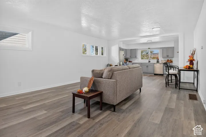 Wood-finish flooring, grey cabinetry, stainless steel dishwasher, multi-pane windows, and recessed lighting