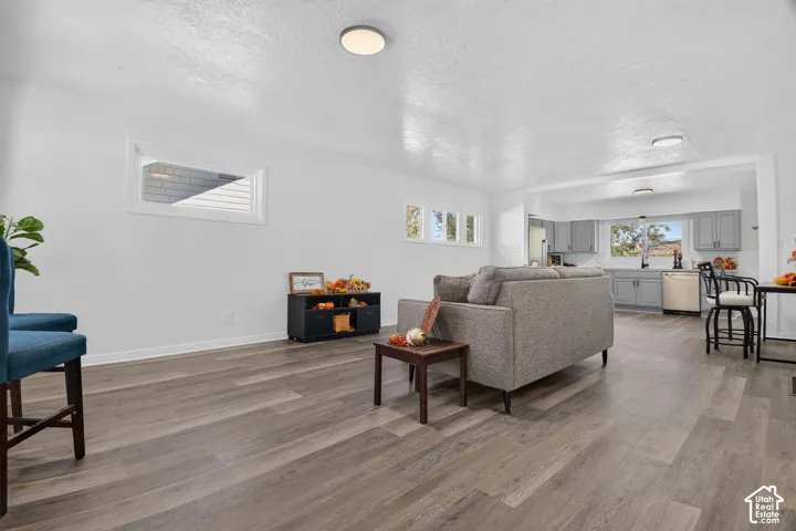 Open-concept interior featuring wood-finish flooring, neutral walls, recessed ceiling lighting, and grey cabinetry