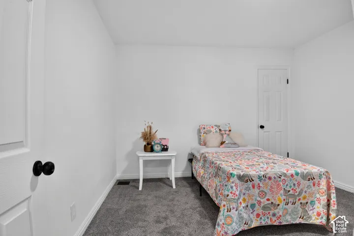 Neutral wall finishes, grey carpeting, and six-panel interior doors with matte black hardware