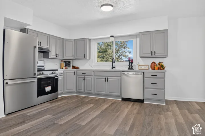 Kitchen featuring grey shaker-style cabinetry, stainless steel appliances, stone-patterned backsplash, wood-finish flooring, and a matte black faucet