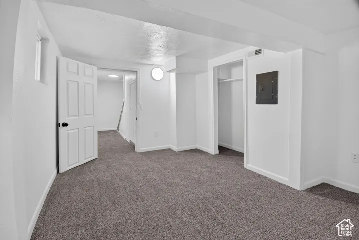 Neutral-toned wall-to-wall carpeting, six-panel interior door, built-in closet with hanging rod, and surface-mounted circular lighting fixture