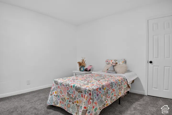Room featuring neutral walls, grey carpeting, and a six-panel interior door with matte black hardware