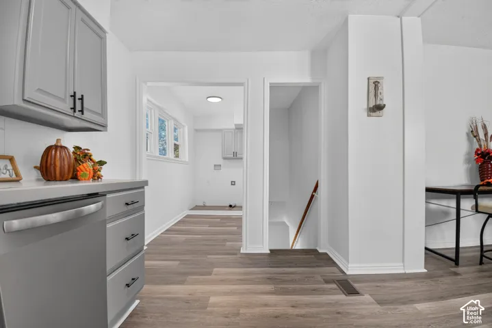 Kitchen featuring wood-finish flooring, grey cabinetry with matte black hardware, and stainless steel dishwasher