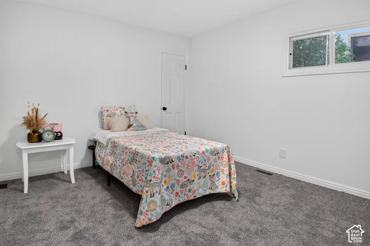Neutral-toned wall paint, wall-to-wall carpeting, single-panel interior door, and horizontal sliding window