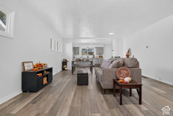 Open-concept interior featuring wood-finish flooring, recessed lighting, and cabinetry with neutral-toned finishes