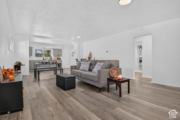 Open-concept interior featuring wood-finish flooring, recessed lighting, and kitchen cabinetry with neutral-toned finish