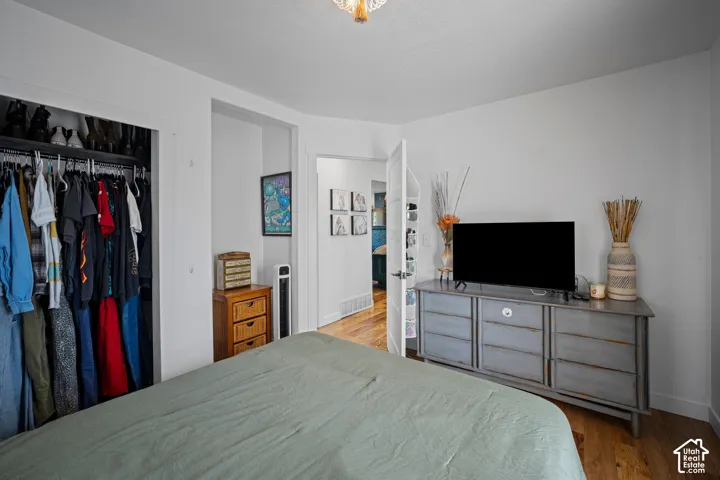 Bedroom featuring wood-finish flooring, a reach-in closet with integrated shelving, and a ceiling-mounted light fixture