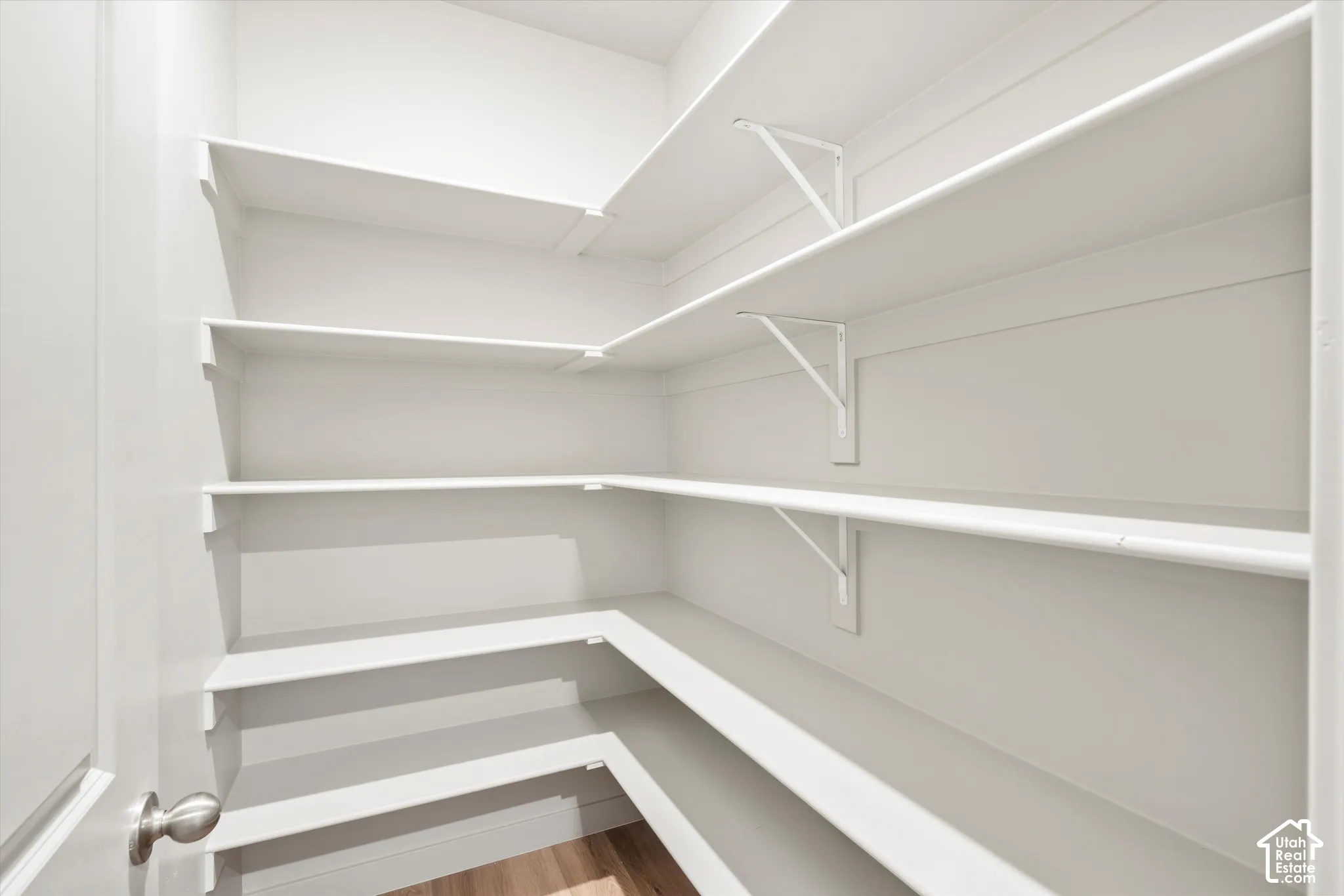 Walk-in storage space featuring multi-tiered shelving, white wall finishes, and wood-finish flooring