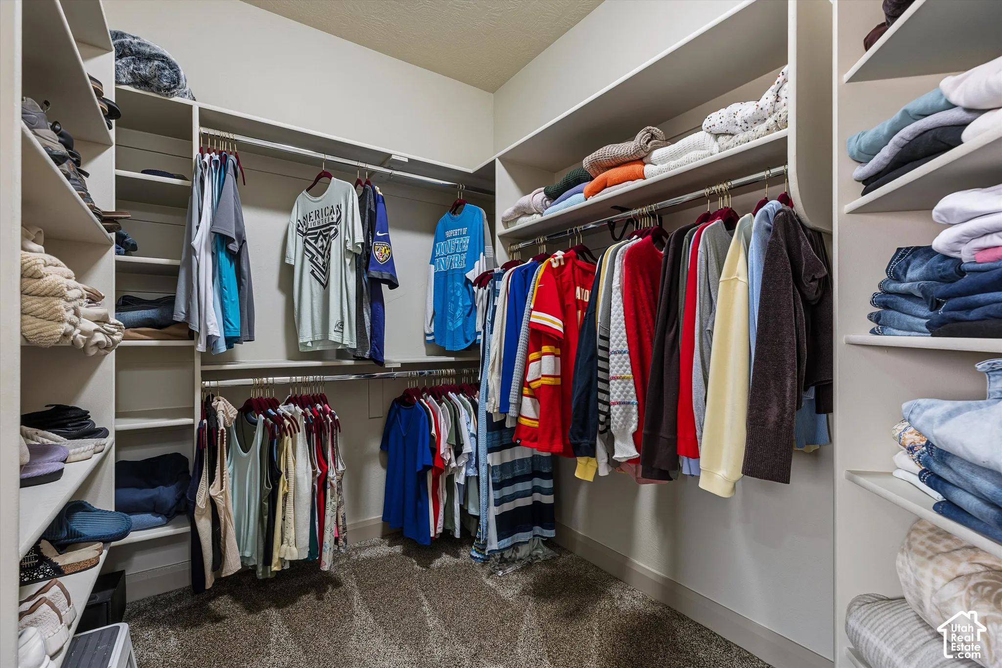 Walk-in closet featuring floor-to-ceiling custom shelving, multiple tiers of hanging rods, and neutral carpeting