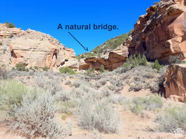 Rugged desert landscape featuring a natural rock bridge, sandstone formations, and native scrub brush