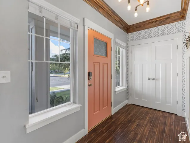Entryway featuring wood-finish flooring, geometric-patterned wall accents, dark wood crown molding, a multi-pane front door with decorative glass, and a multi-light industrial-style pendant fixture