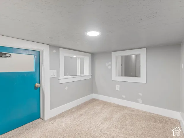 Interior space featuring wall-to-wall carpeting, two interior wall openings with white trim, a recessed ceiling light, and a solid-core door with a blue finish