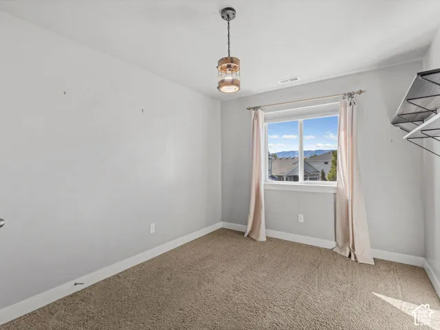 Interior room featuring neutral carpeting, a dual-pane window with mountain scenery, a decorative industrial-style pendant light, and built-in wall-mounted shelving