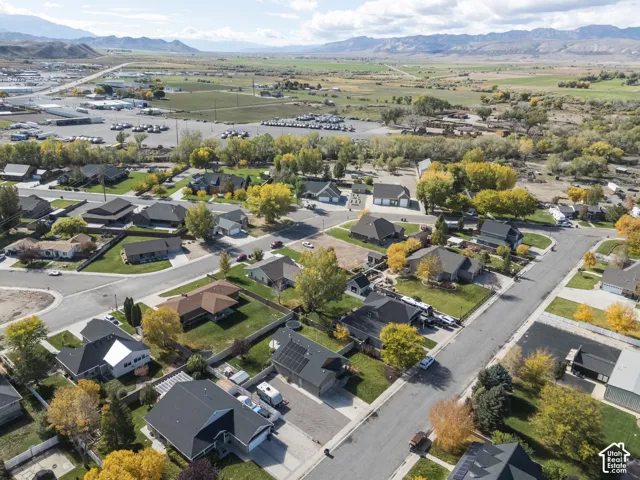 Aerial perspective of a residential neighborhood featuring asphalt-paved streets, single-family dwellings with pitched rooflines, mature deciduous trees, and a mountain range backdrop