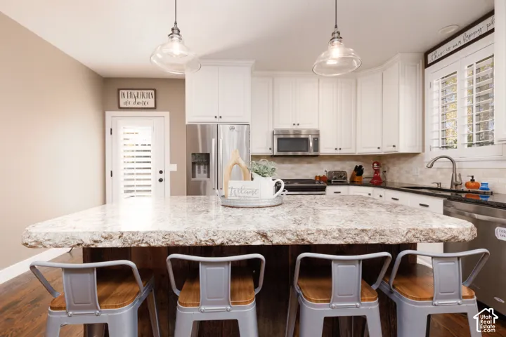 Kitchen featuring a large central island with a stone-finish countertop, white cabinetry, stainless steel appliances, glass pendant lighting, and wood-finish flooring