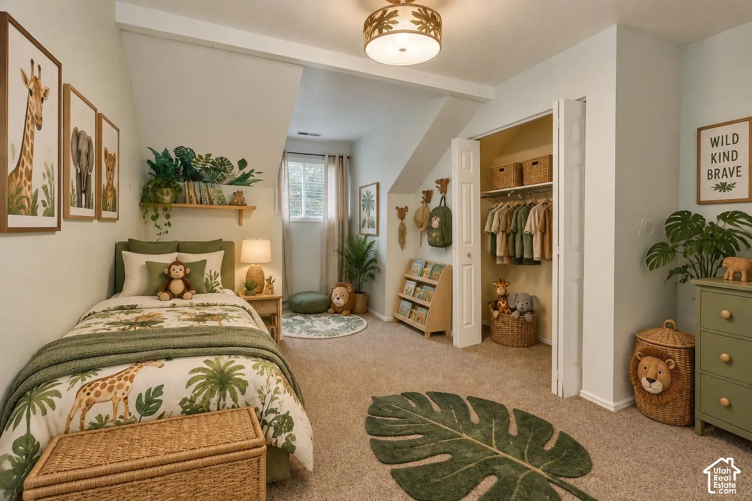 Bedroom featuring wall-to-wall carpeting, a recessed window, a bi-fold closet door, a semi-flush mount light fixture, and a built-in wall shelf