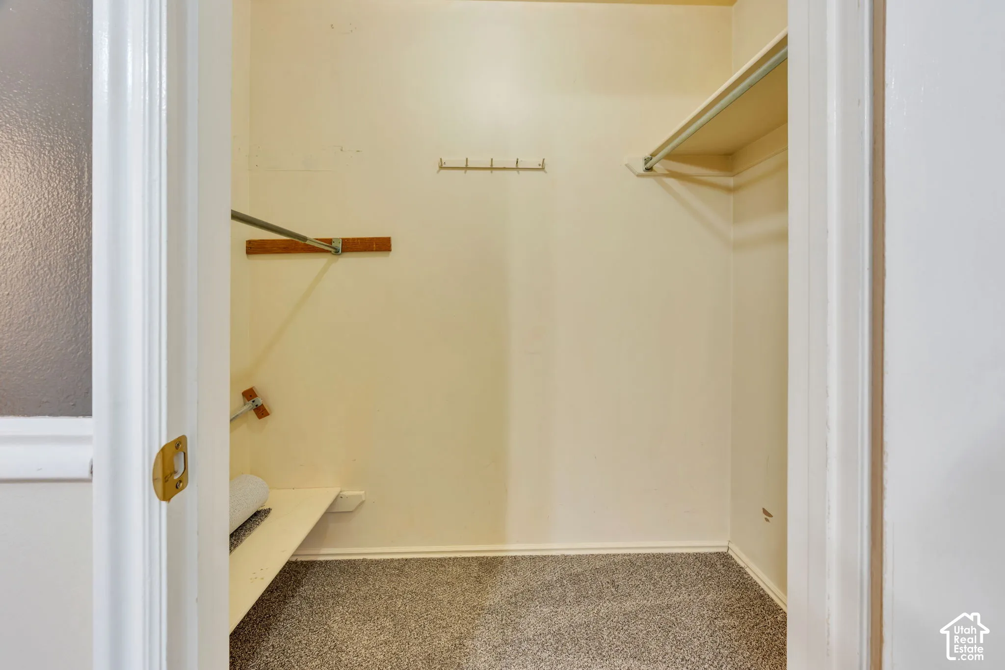 Reach-in closet featuring wall-to-wall carpeting, dual-level metal hanging rods, built-in shelving, and a wall-mounted hook rack