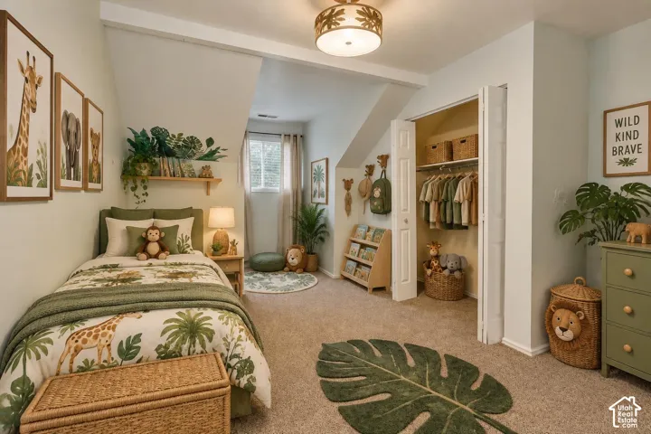 Bedroom featuring wall-to-wall carpeting, a recessed window, a bi-fold closet door, a semi-flush mount light fixture, and a built-in wall shelf