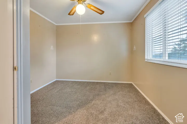 Neutral-toned room featuring neutral carpeting, a multi-blade ceiling fan with integrated lighting, and a large horizontal window with slatted blinds