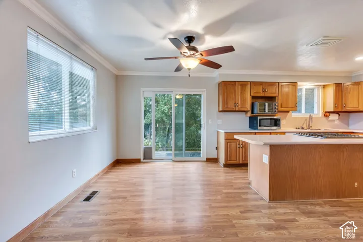 Wood-finish flooring, kitchen island with integrated cooktop, wood cabinetry, ceiling fan, and sliding glass door