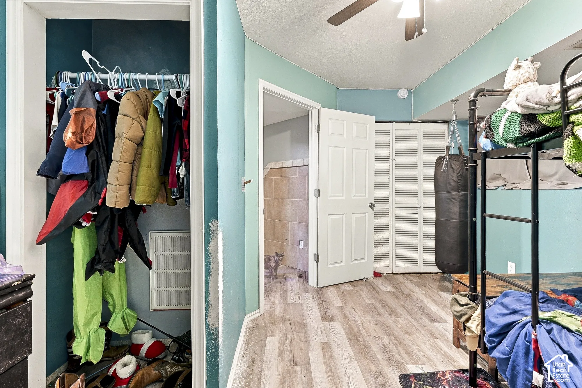 Wood-finish flooring throughout with louvered closet doors, a ceiling fan with integrated lighting, and multiple reach-in closet spaces