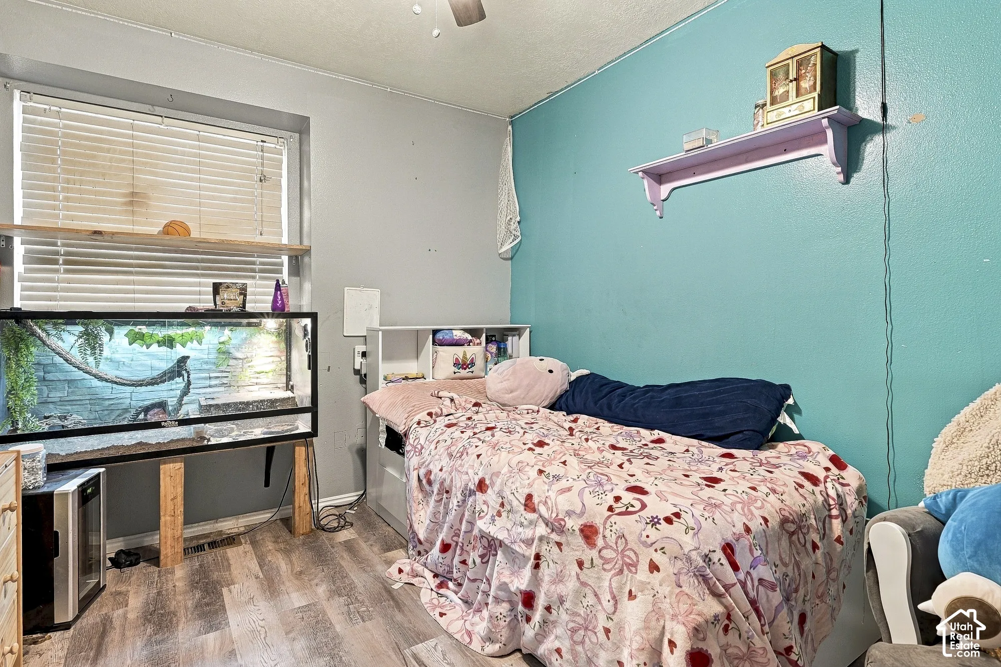 Wood-finish flooring, accent wall, wall-mounted display shelf, and window with horizontal blinds