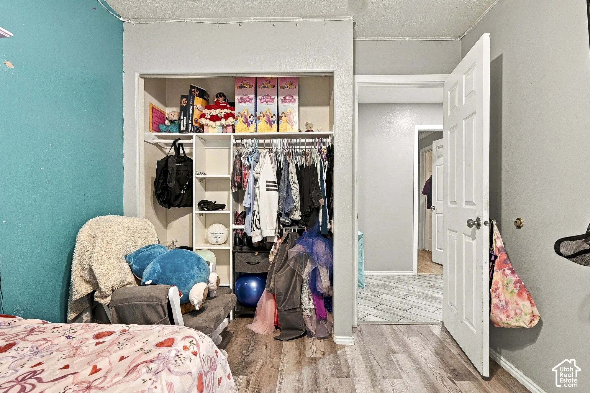 Bedroom featuring wood-finish flooring, a six-panel interior door, and a built-in closet with integrated shelving