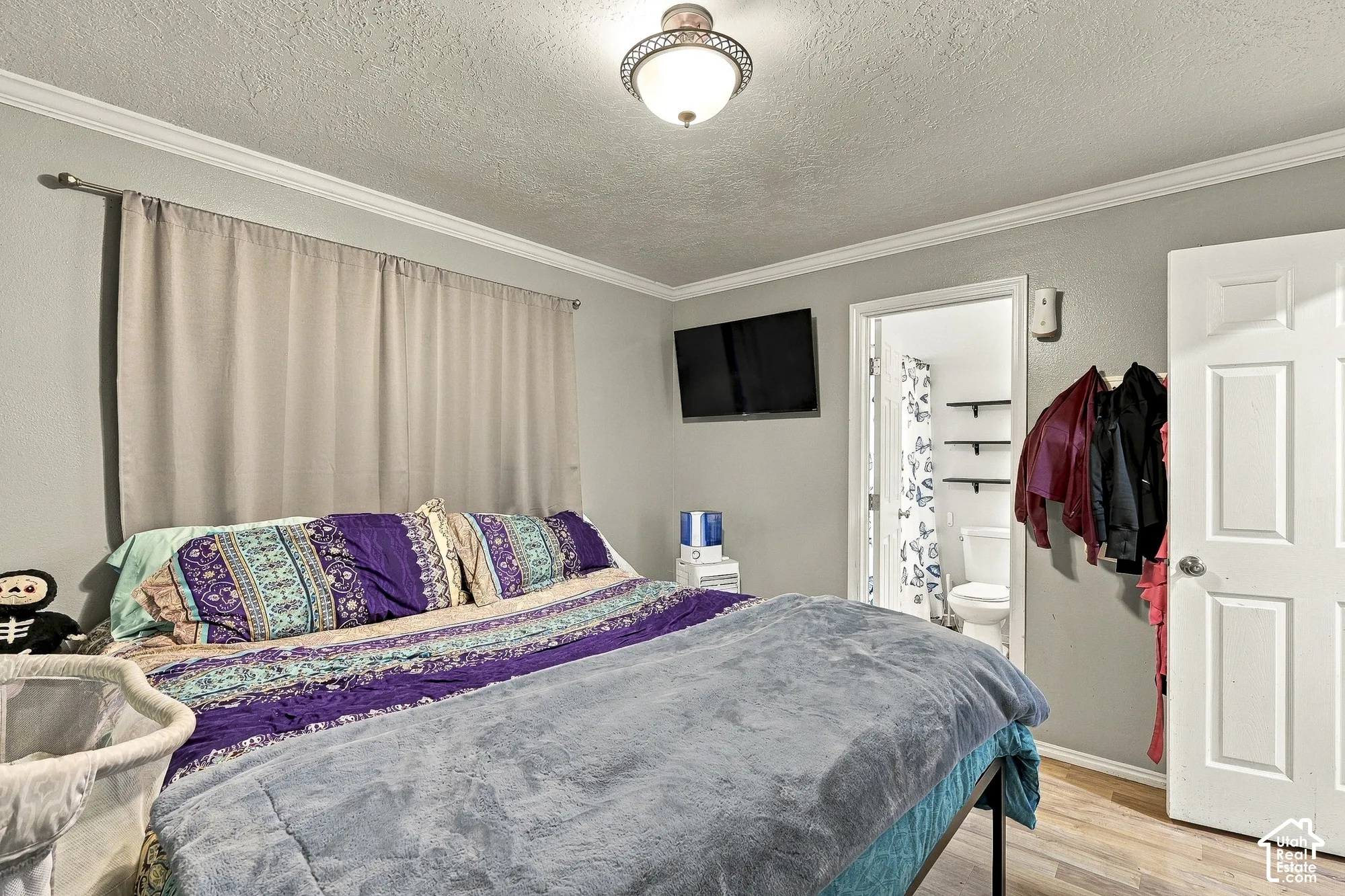 Neutral-toned walls featuring crown molding, wood-finish flooring, and a flush-mount dome light fixture
