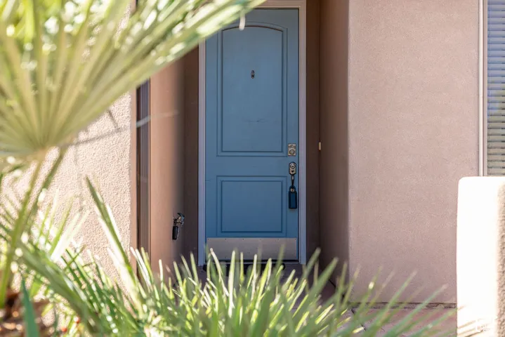 Stucco exterior entry featuring a light blue panel door with an arched top, metallic hardware, and an integrated peephole