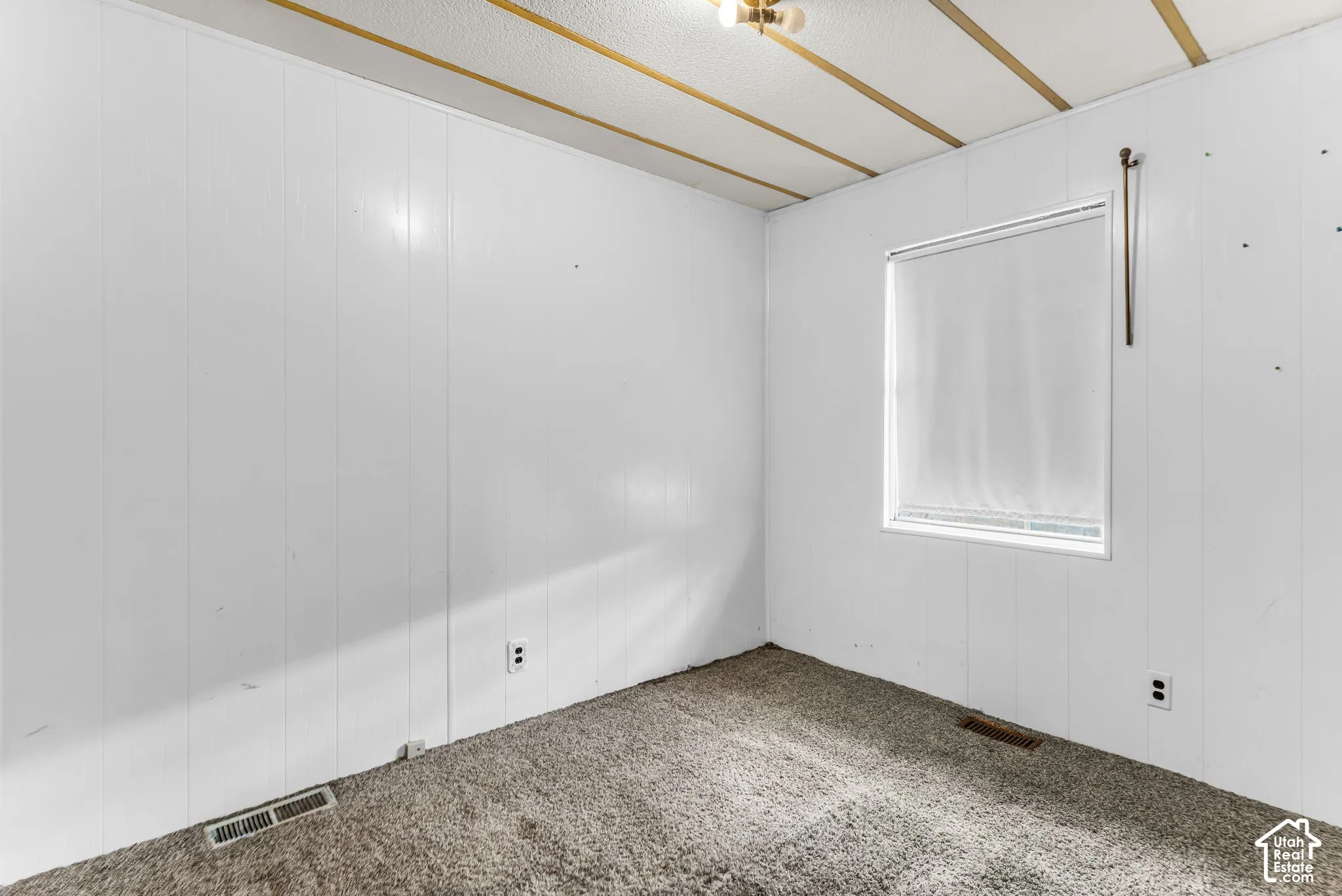 Interior space featuring white vertical wall paneling, neutral carpeting, and a ceiling with linear trim accents