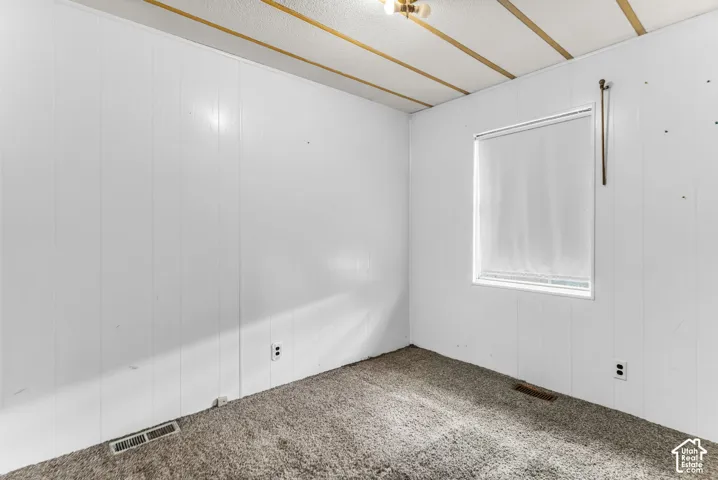 Interior space featuring white vertical wall paneling, neutral carpeting, and a ceiling with linear trim accents