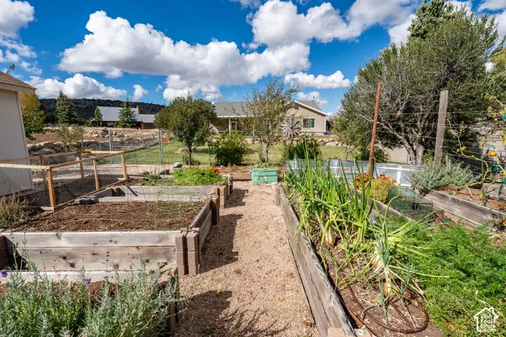 Outdoor garden area featuring timber-framed raised beds, metal basin planters, gravel walkways, and perimeter wire fencing