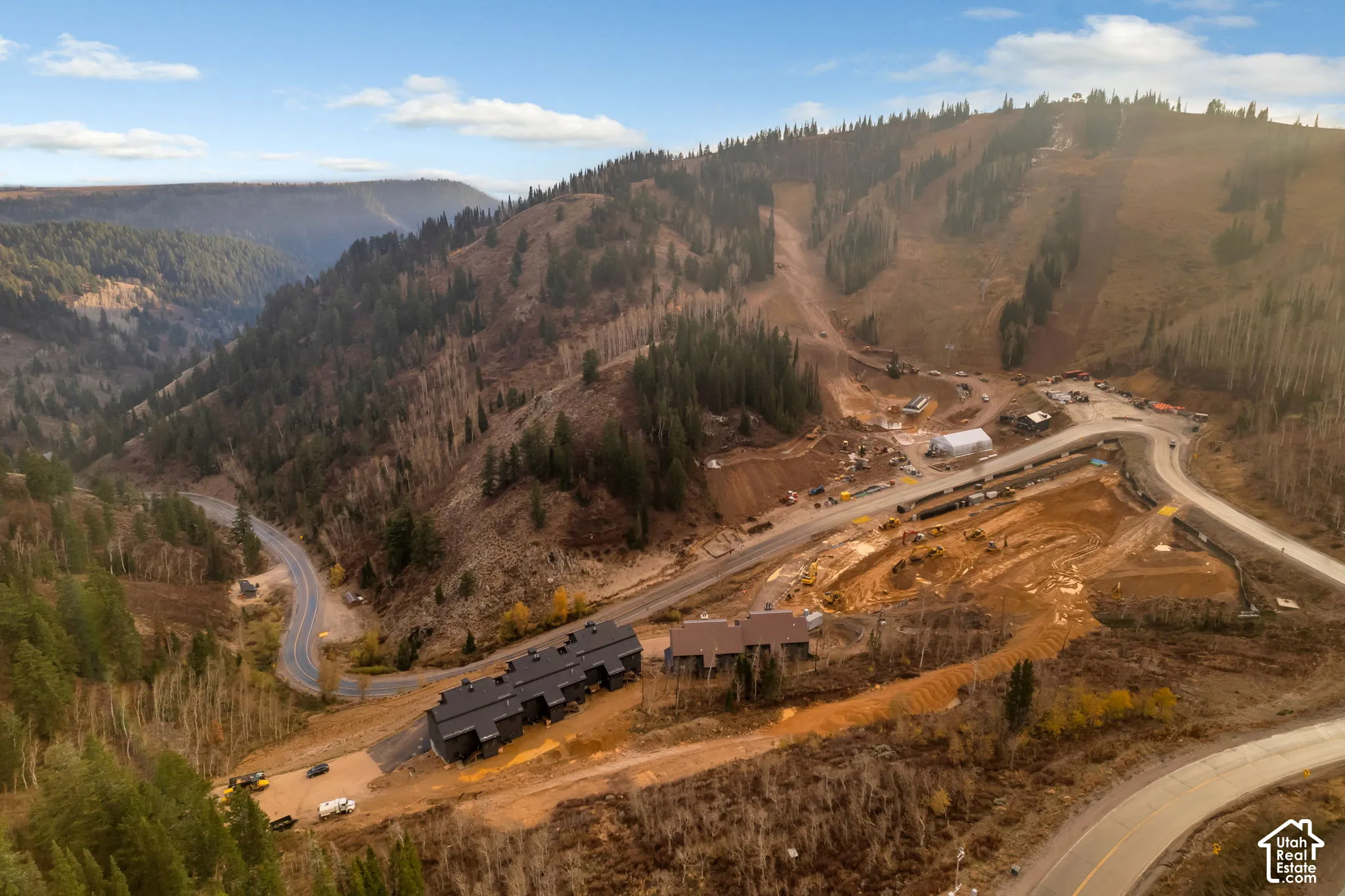 Aerial perspective of a mountain-side property with ski access in 4 directions