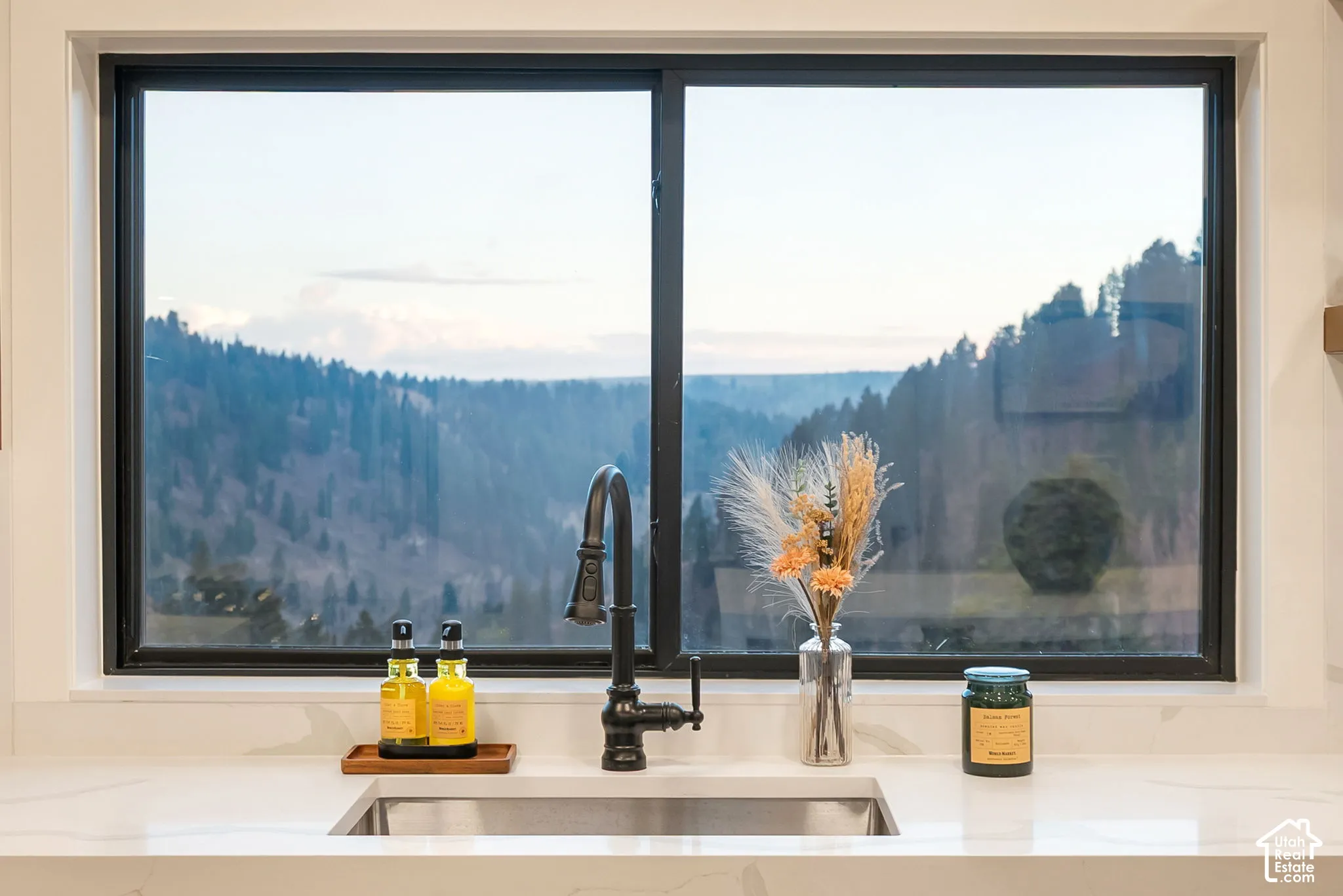 Large picture window, undermount stainless steel sink.