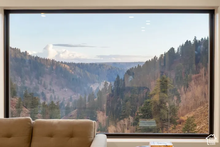 Large picture window with a dark metal frame, showcasing an expansive mountain canyon landscape with evergreen trees and terrain