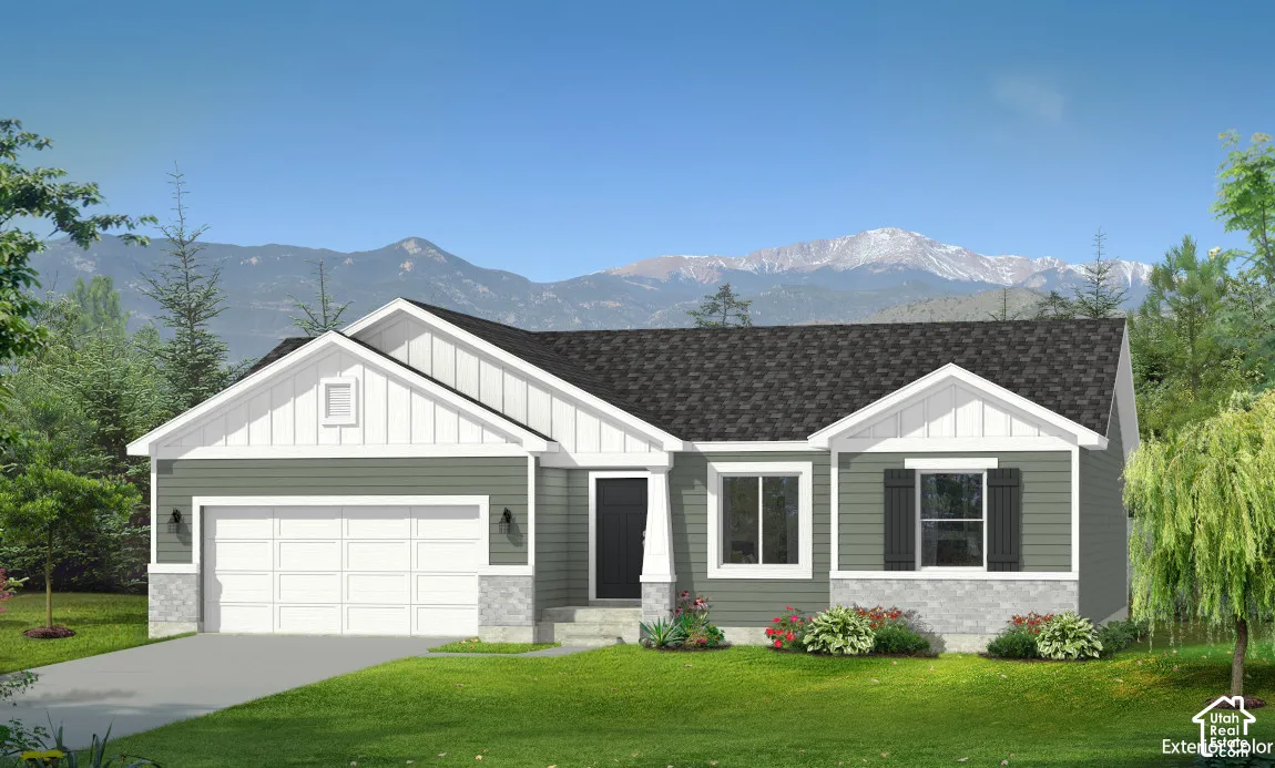 Craftsman Elevation. Exterior featuring horizontal siding, stone veneer accents, vertical board-and-batten gables, a two-car garage, and a backdrop of snow-capped mountains