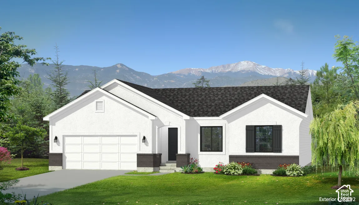 Cottage Elevation. Single-story residence featuring white stucco siding, contrasting dark masonry wainscoting, black shutters, and a multi-gabled roofline set against a mountain backdrop