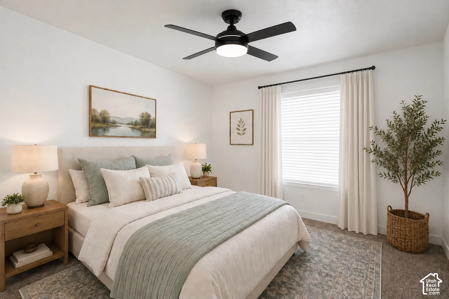 Neutral wall color, matte black ceiling fan with integrated lighting, window with horizontal blinds and hardware, and neutral wall-to-wall carpeting