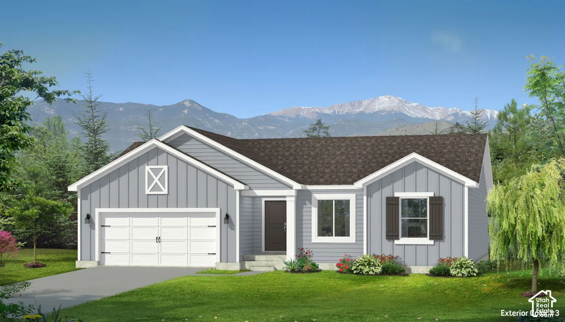 Farmhouse Elevation. Single-level exterior featuring vertical siding, a two-car garage with carriage-style detailing, decorative window shutters, and a mountain backdrop