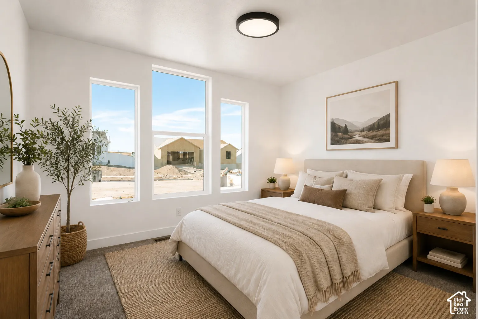Master Bedroom. Triple-pane window configuration, neutral carpeting, recessed ceiling lighting, and smooth-finish white walls
