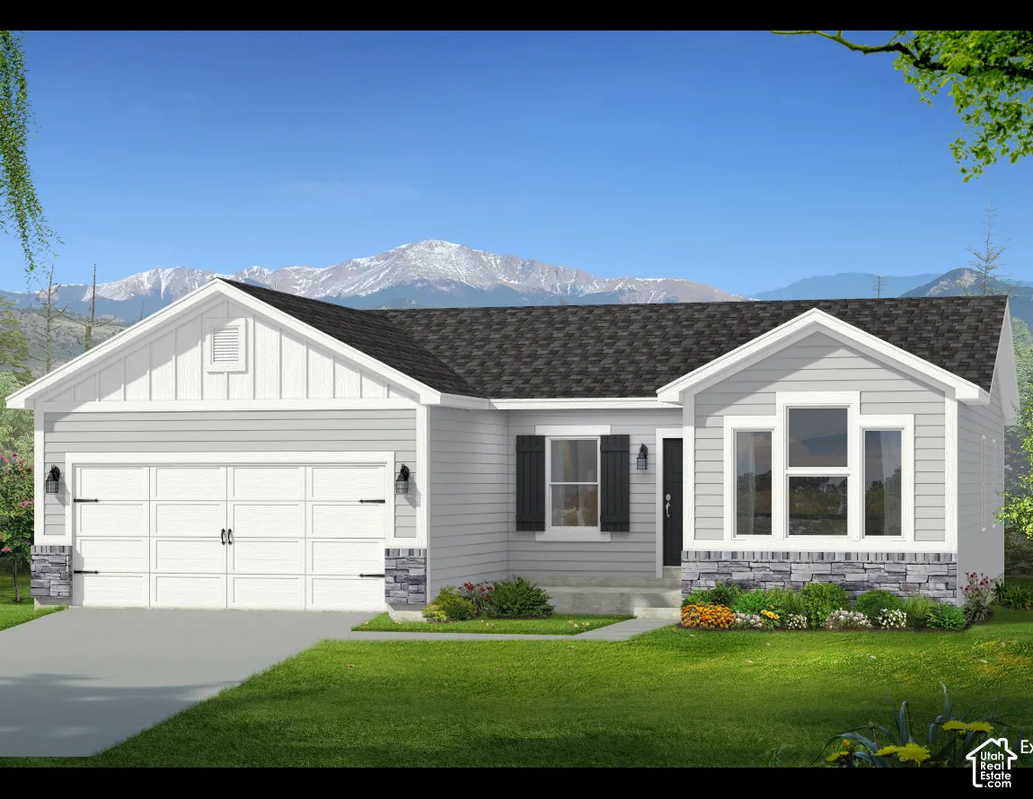 Single-story exterior featuring board-and-batten and horizontal siding, stone veneer accents, multi-pane window groupings, and a mountain backdrop